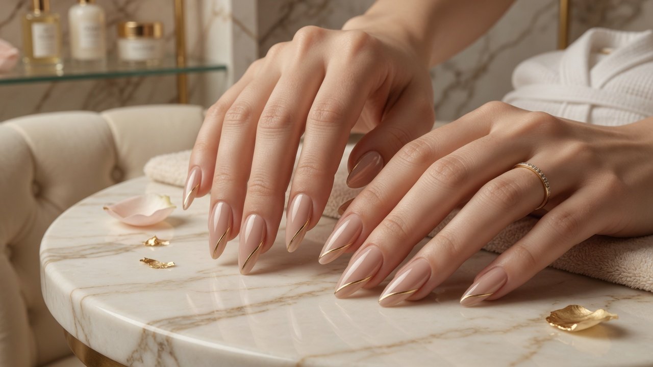 Nude almond manicure with delicate gold tips