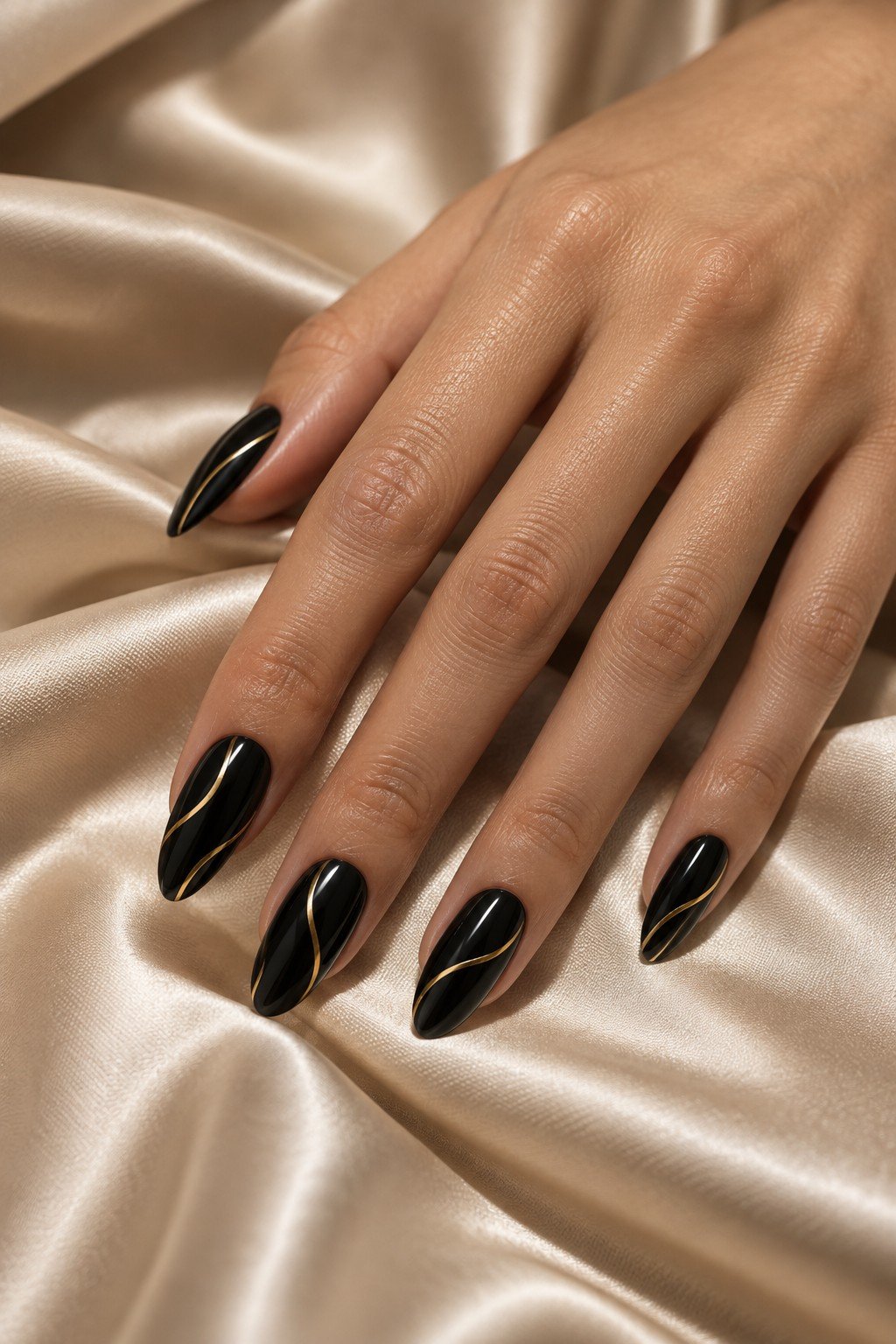 Black nails with delicate gold lines — nail inspiration