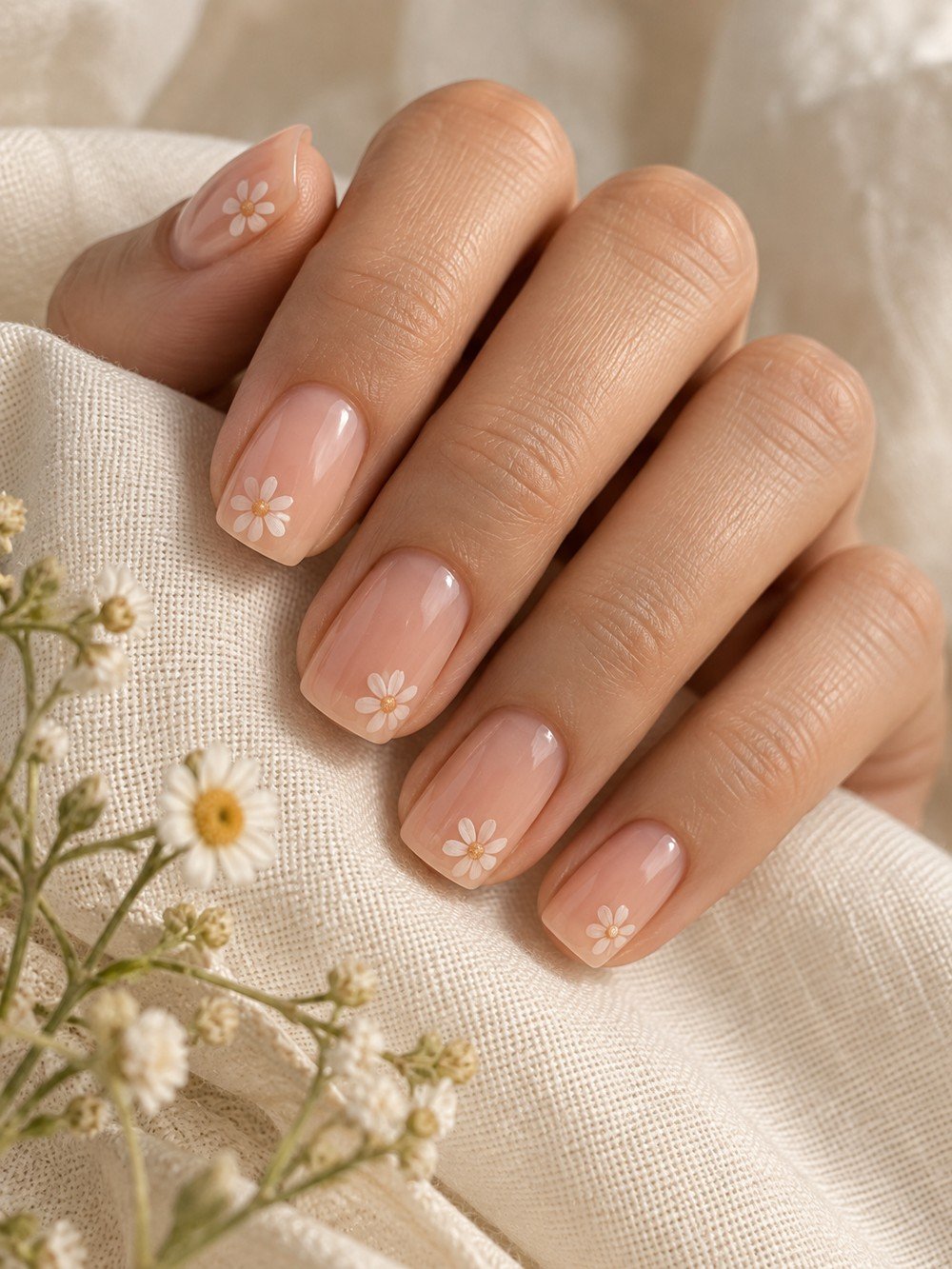 Nude nails with a daisy accent