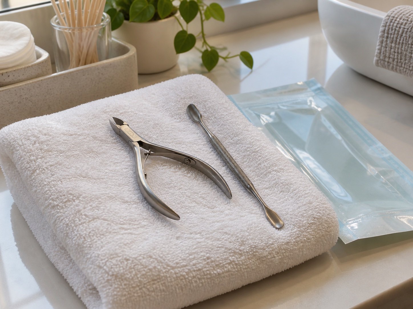 Clean stainless steel manicure tools and a sealed sterilization pouch