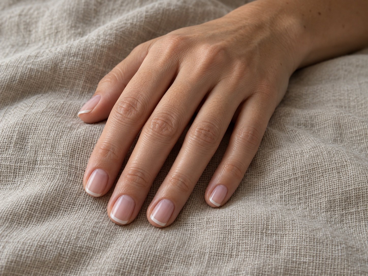 Understated French manicure on natural textured linen