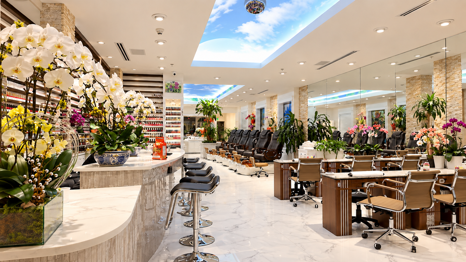 Stanley Nails Vancouver salon with pedicure chairs and illuminated sky ceiling